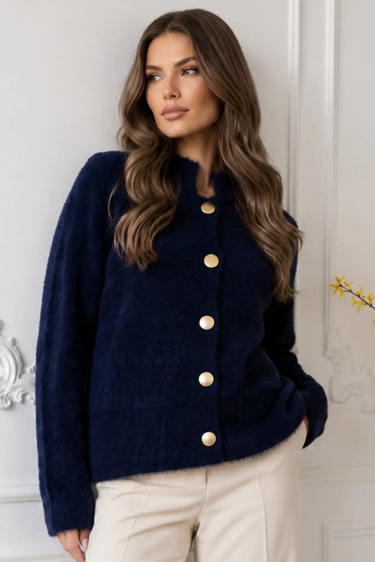 Buttoned Eyelash-knit Cardigan N3327 Navy Blue-detail