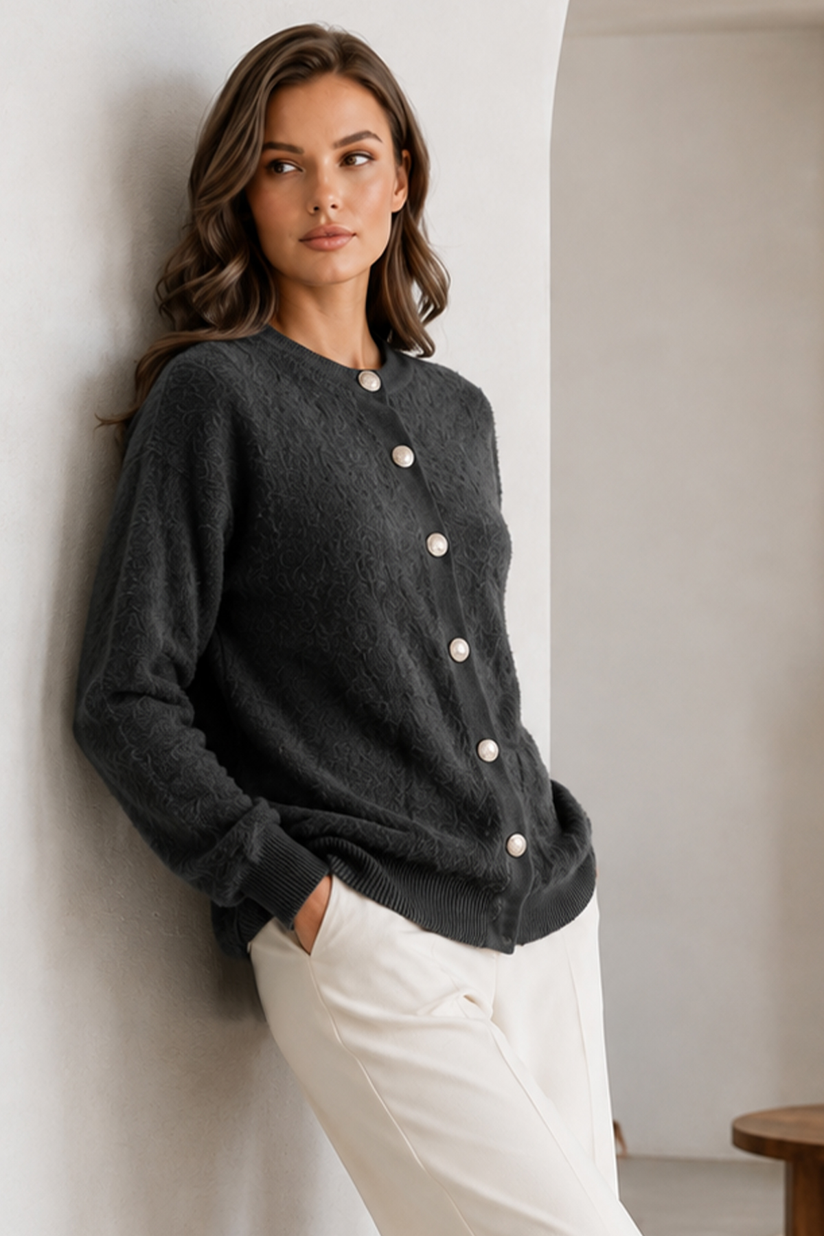 Buttoned Eyelash-knit Cardigan N3328 Anthracite