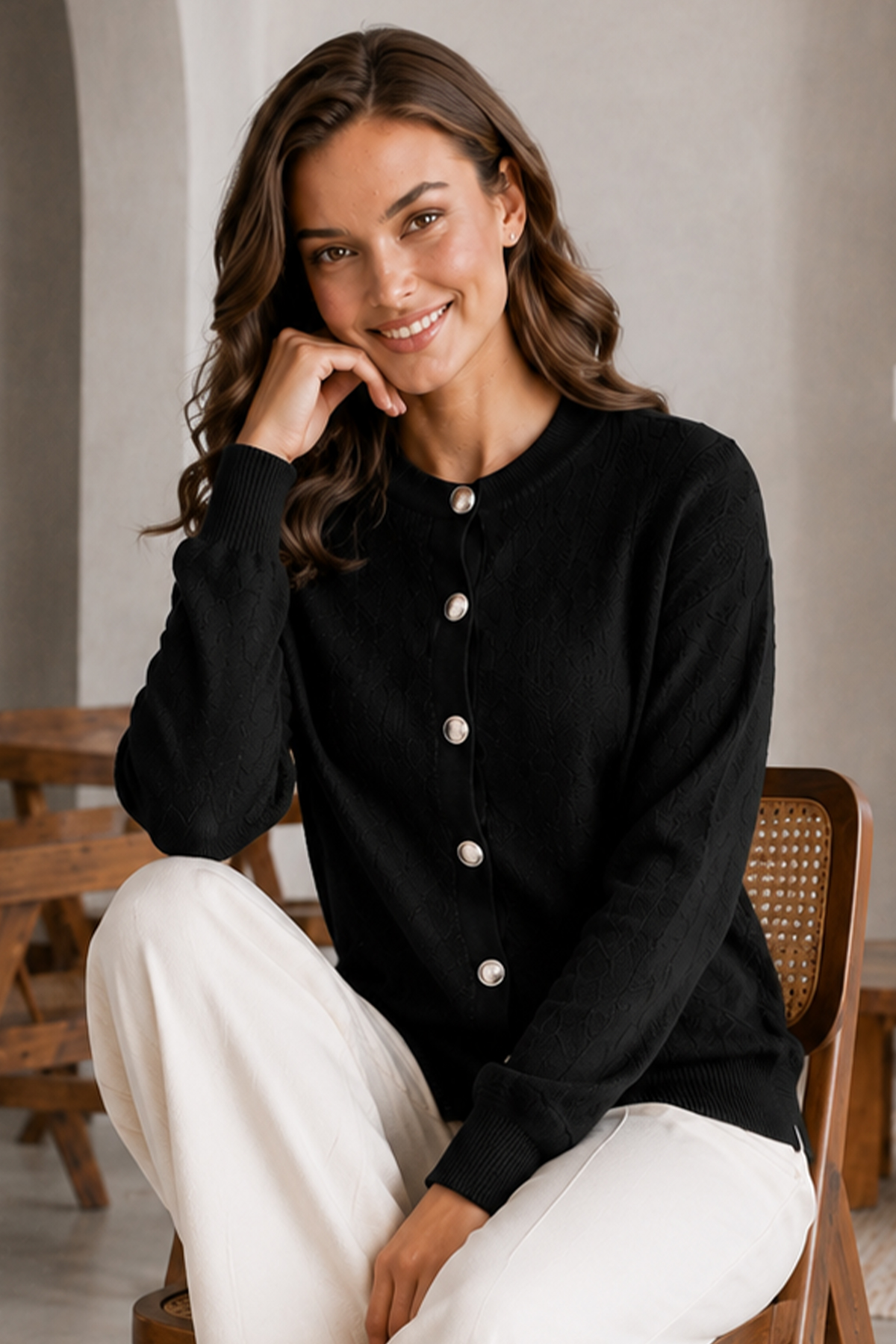 Buttoned Eyelash-knit Cardigan N3328 Black