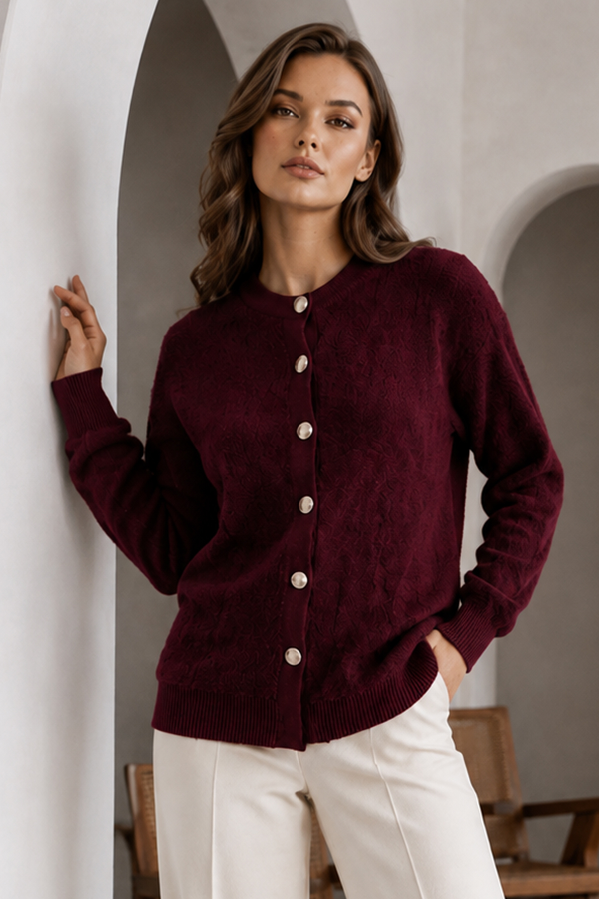 Buttoned Eyelash-knit Cardigan N3328 Burgundy