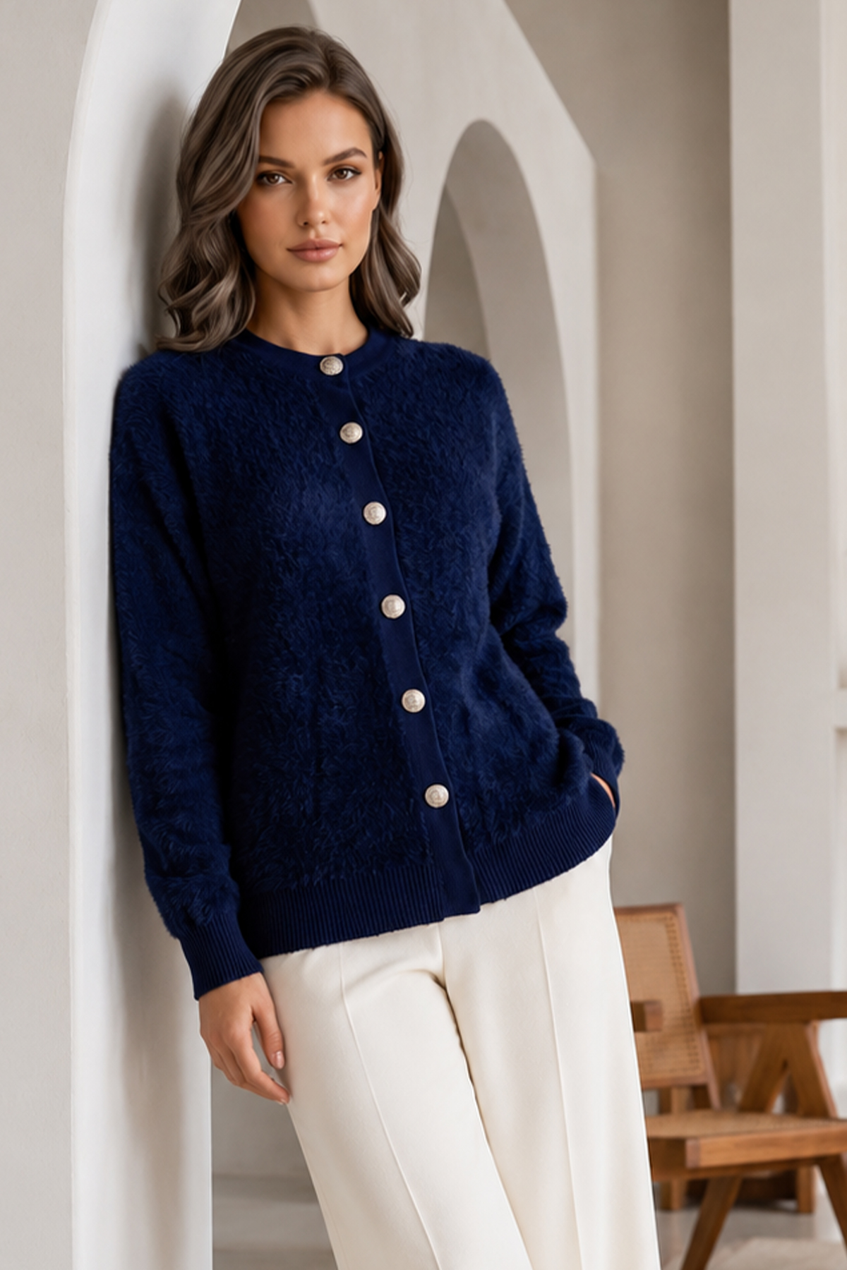 Buttoned Eyelash-knit Cardigan N3328 Navy Blue