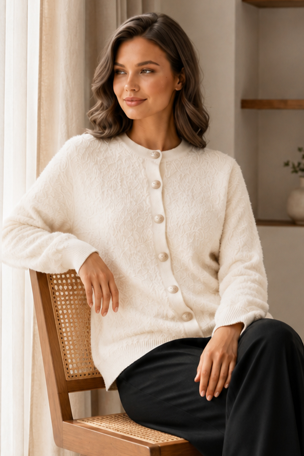 Buttoned Eyelash-knit Cardigan N3328 Stone