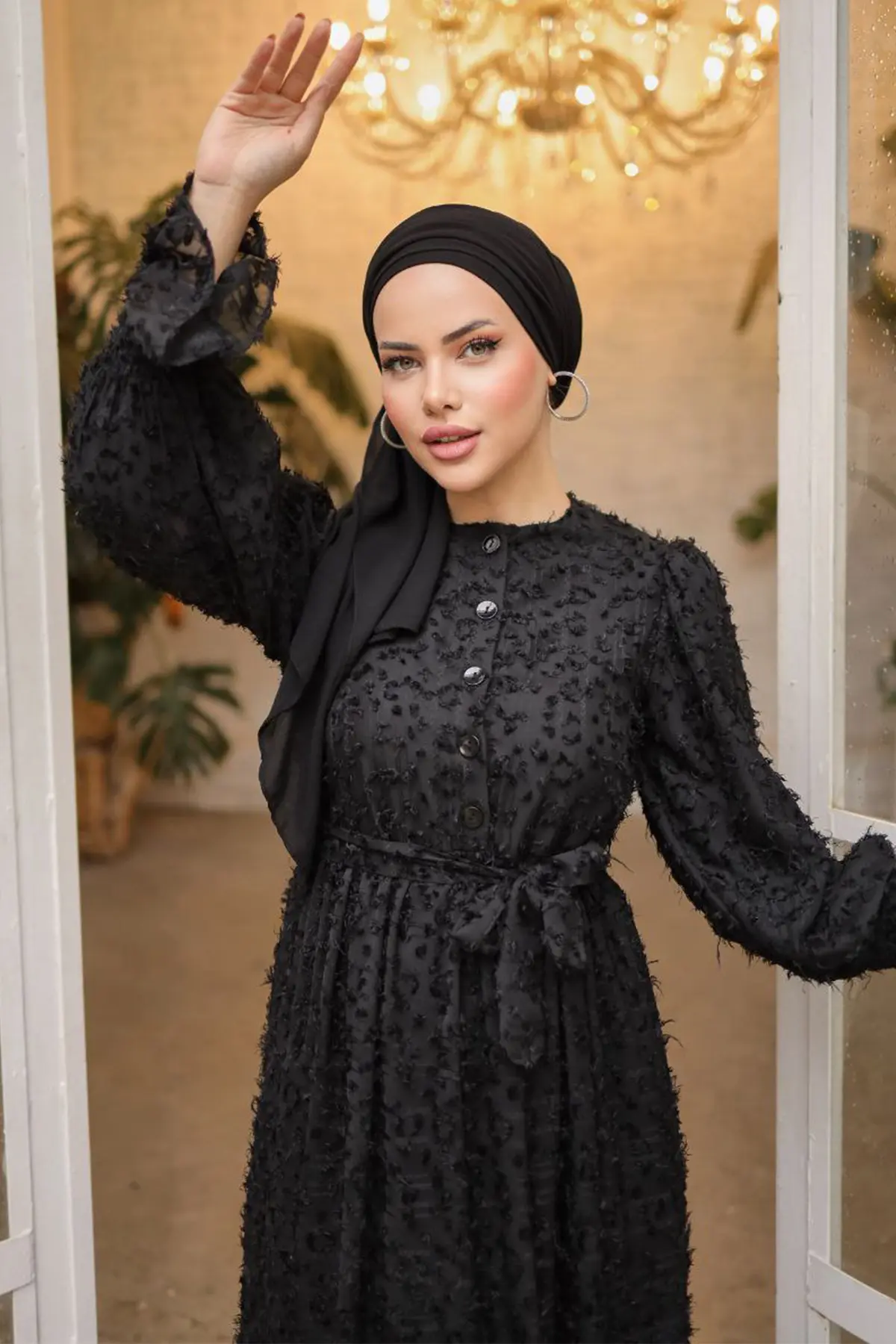 Buttoned Front Cut-fringed Chiffon Dress-detail