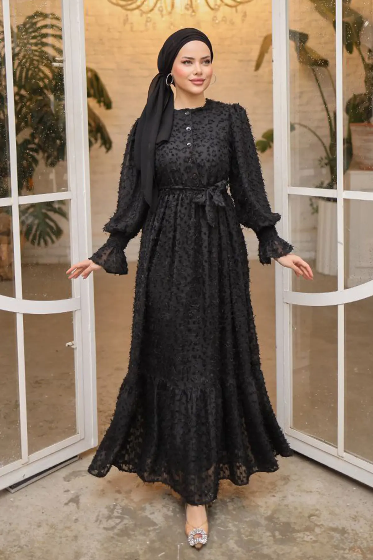 Buttoned Front Cut-fringed Chiffon Dress-detail