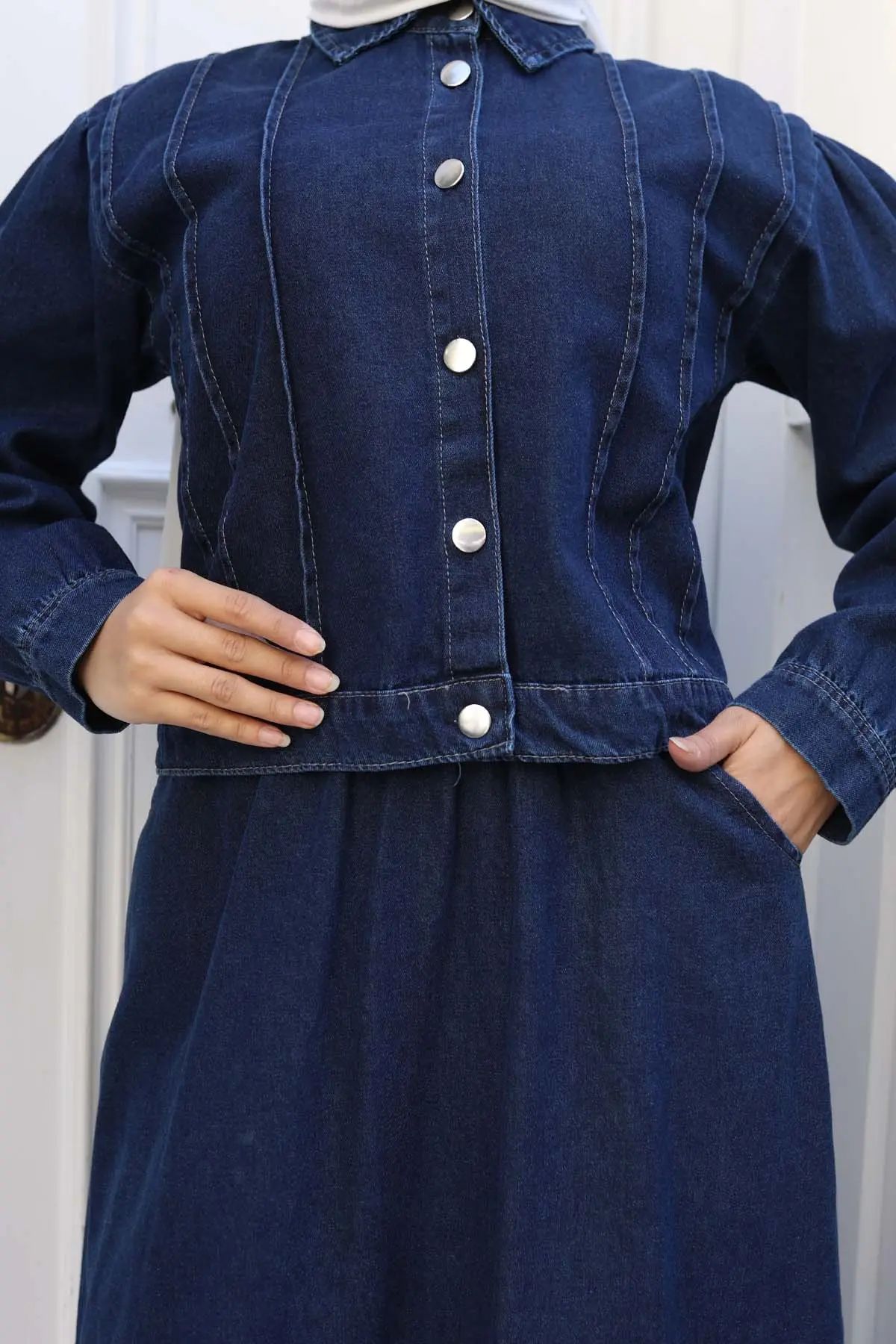 Buttoned Jacket Skirt Denim Suit-detail