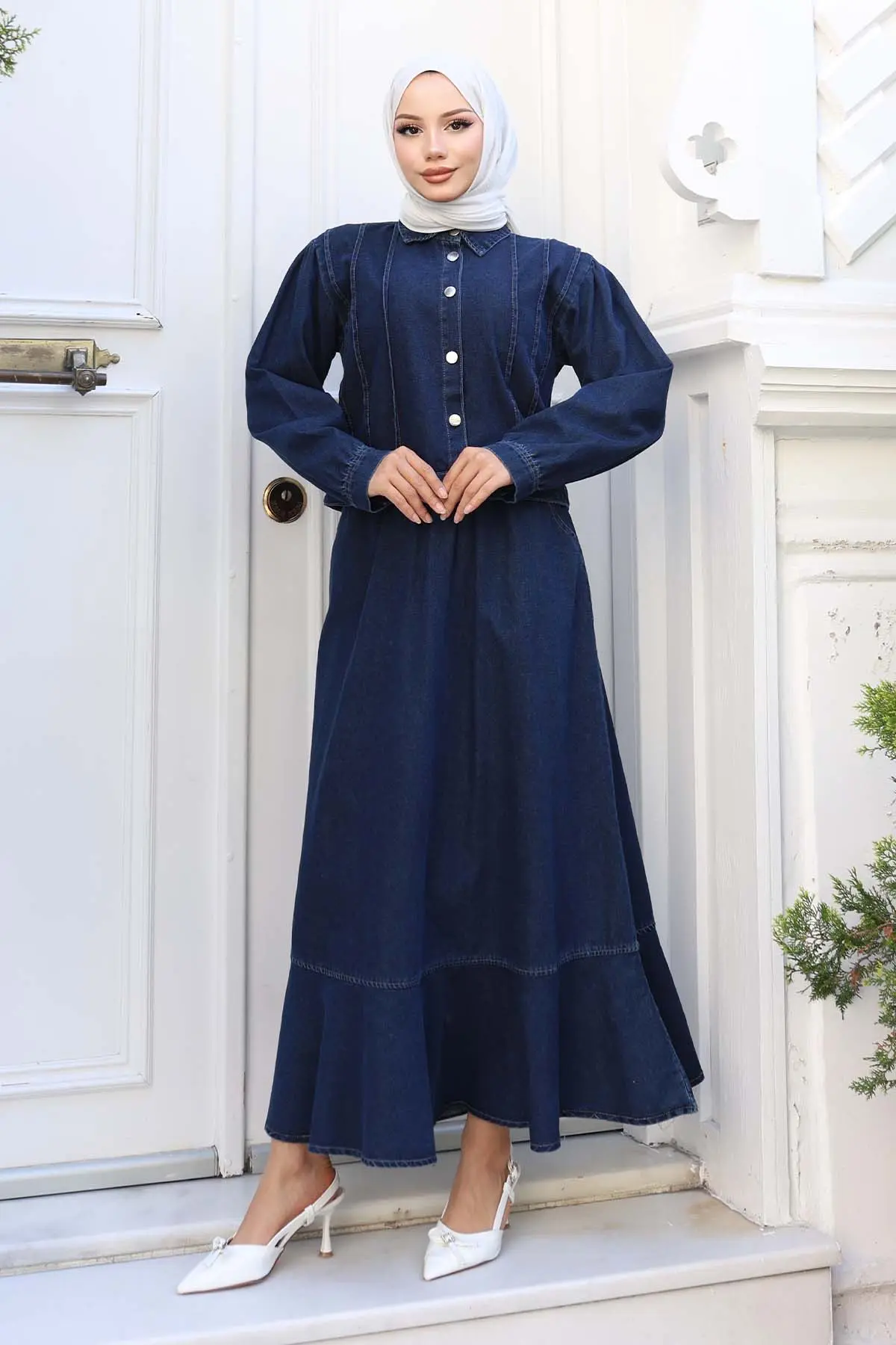 Buttoned Jacket Skirt Denim Suit-detail