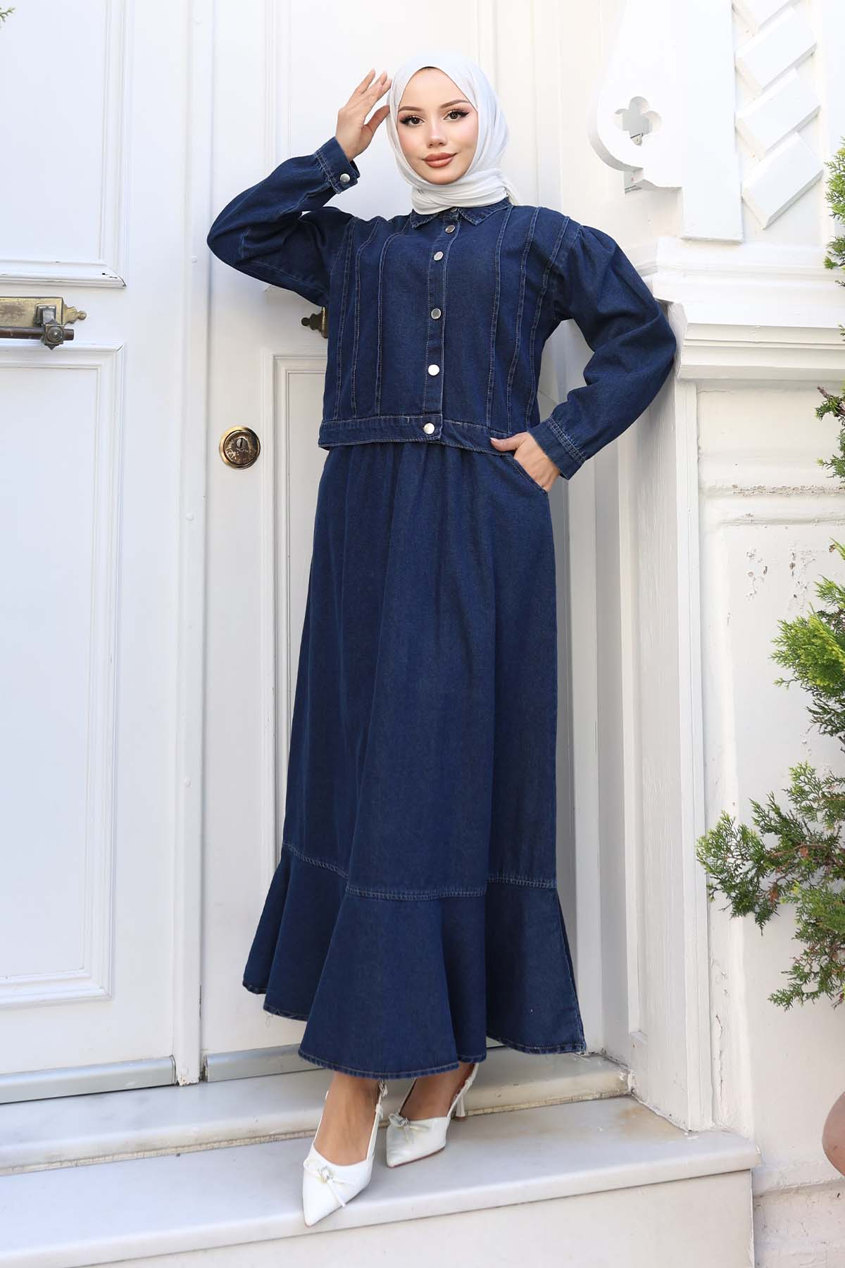 Buttoned Jacket Skirt Denim Suit