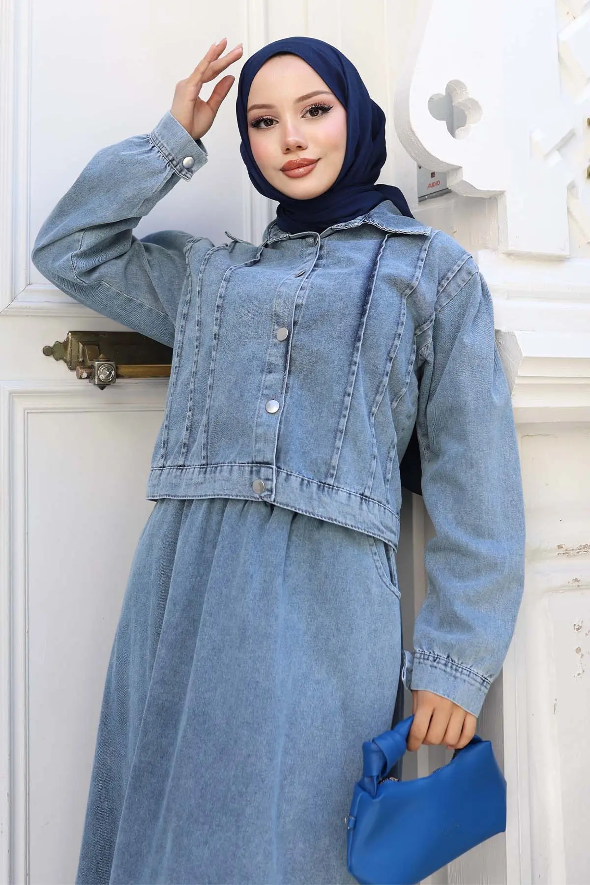 Buttoned Jacket Skirt Denim Suit-detail