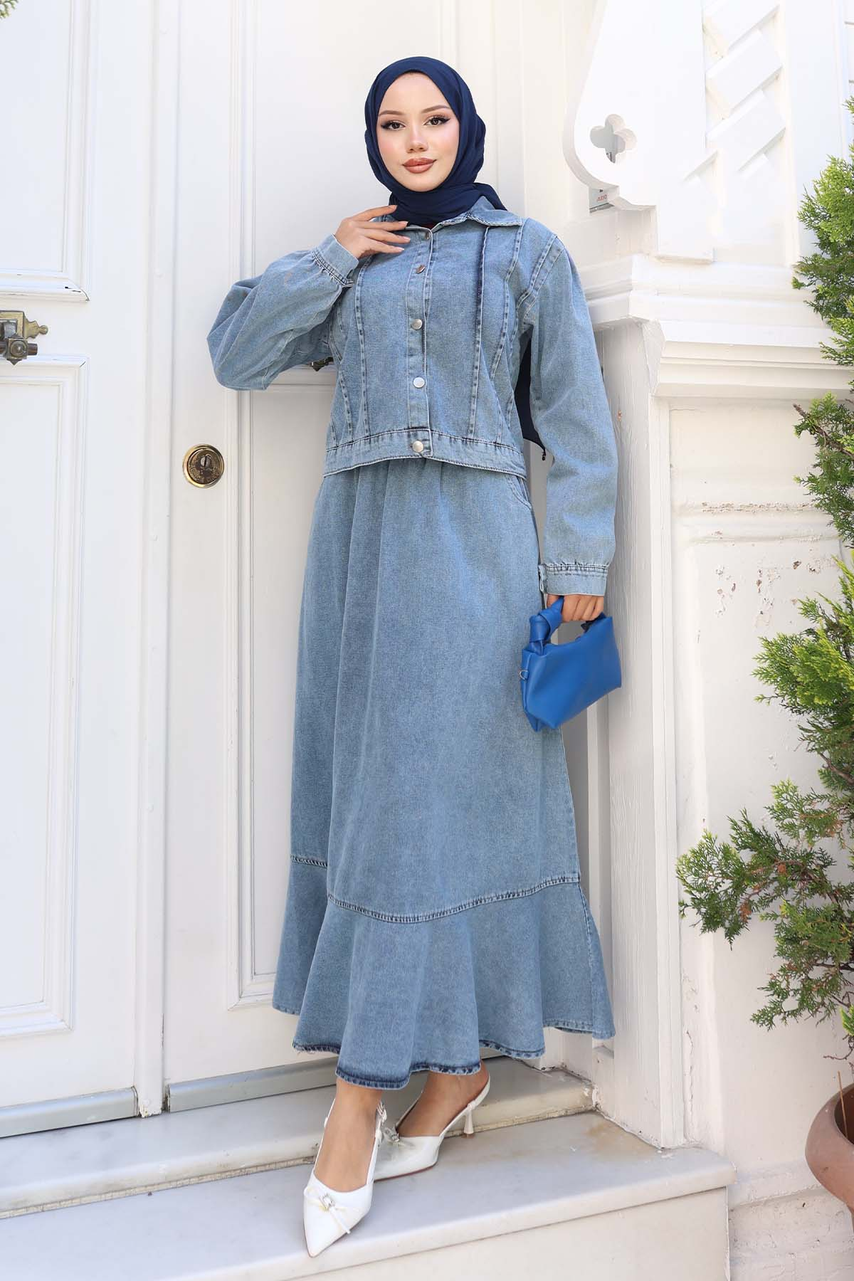 Buttoned Jacket Skirt Denim Suit