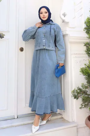 Buttoned Jacket Skirt Denim Suit