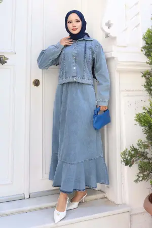 Buttoned Jacket Skirt Denim Suit