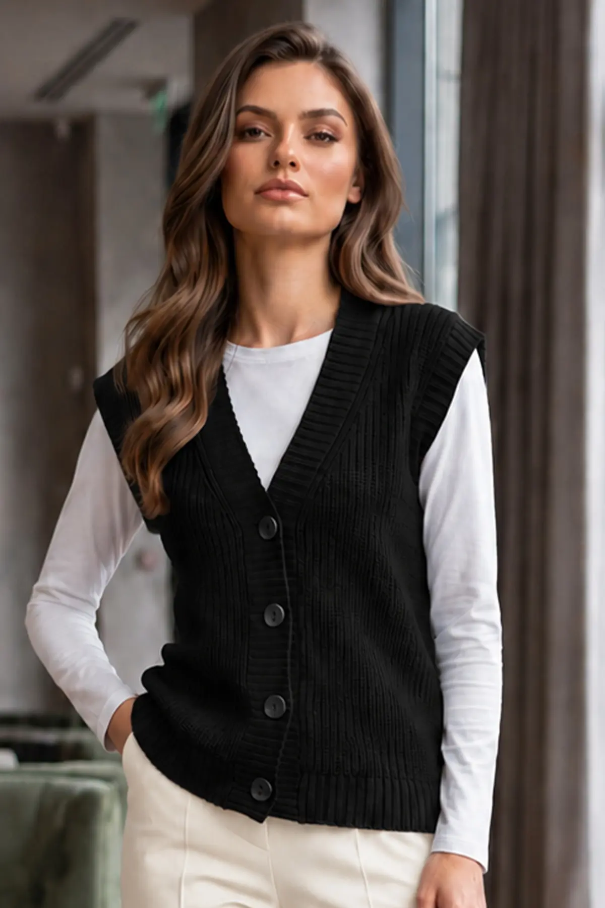 Buttoned Knit Vest N518 Black-detail
