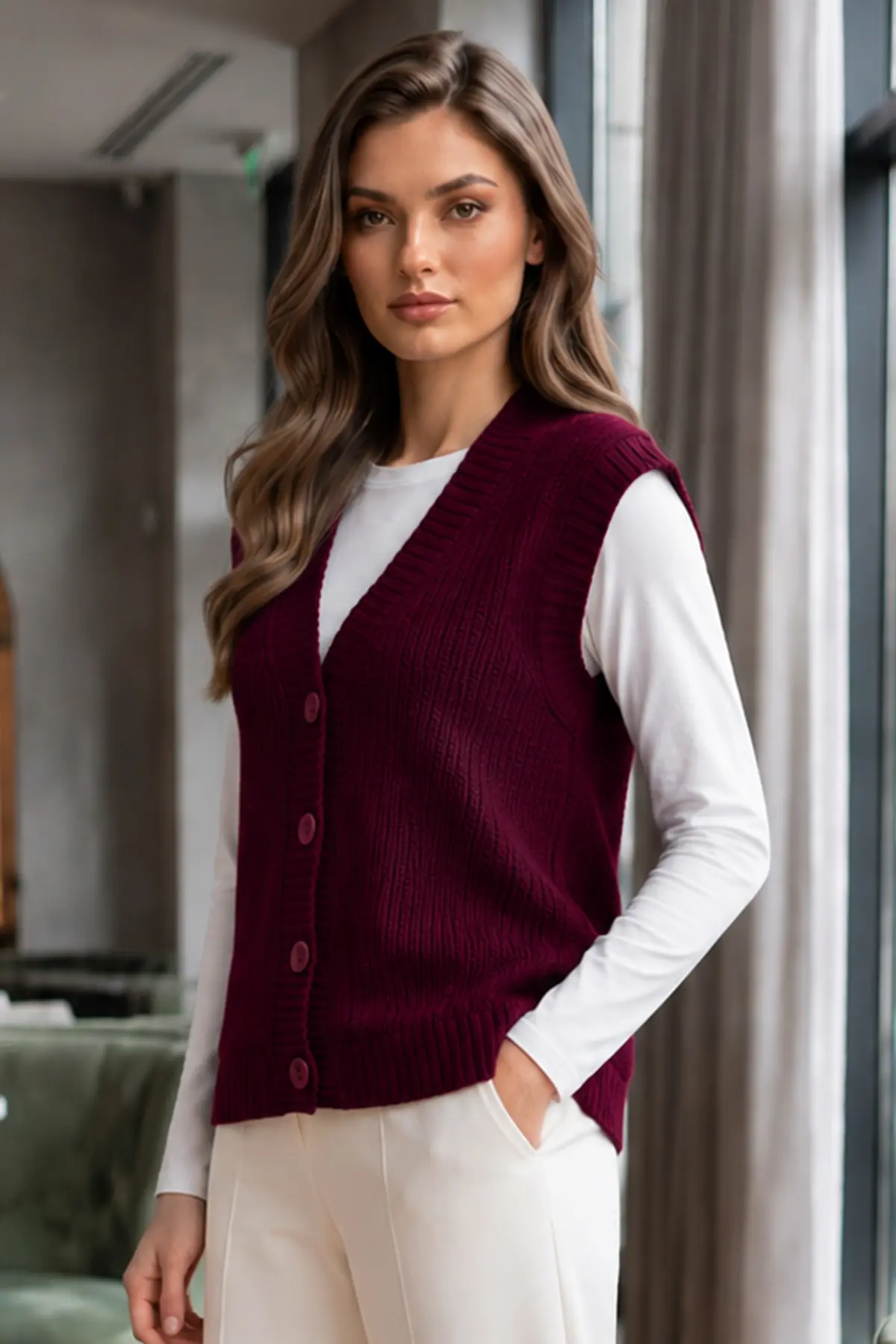 Buttoned Knit Vest N518 Burgundy-detail