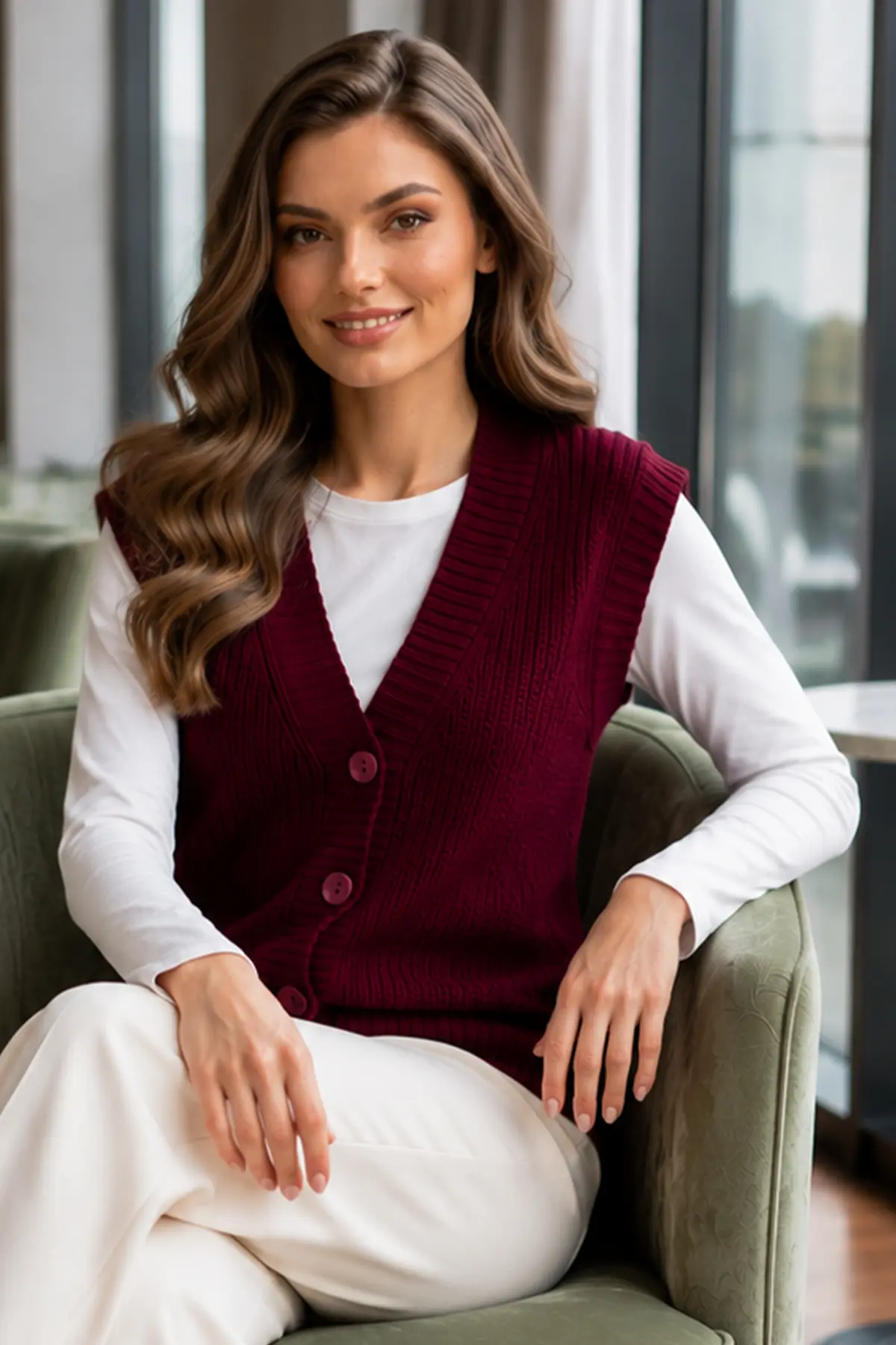 Buttoned Knit Vest N518 Burgundy-detail