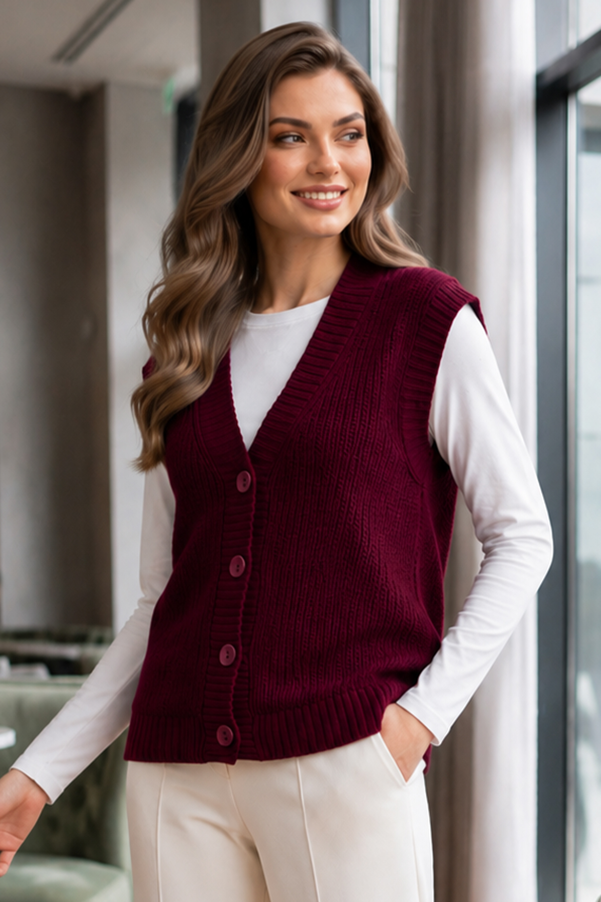 Buttoned Knit Vest N518 Burgundy