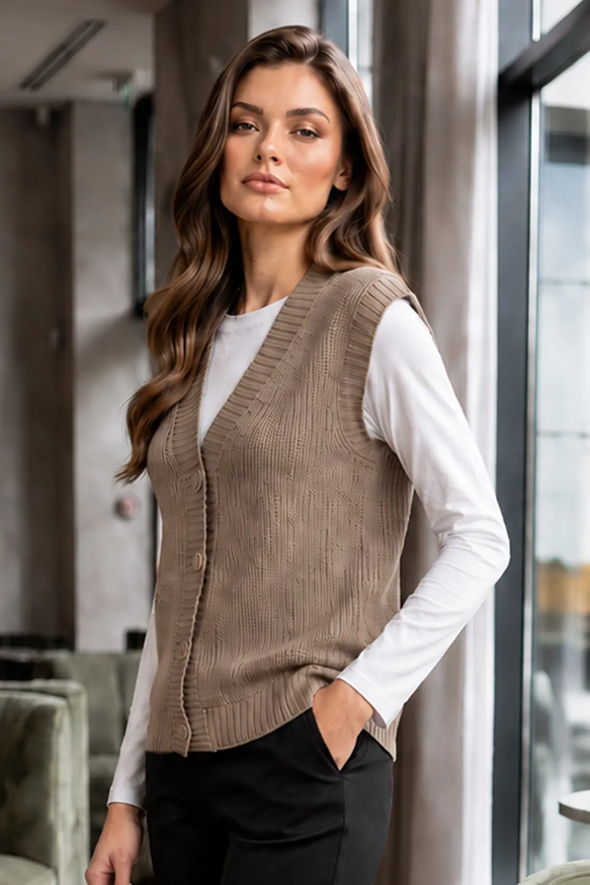 Buttoned Knit Vest N518 Mink-detail