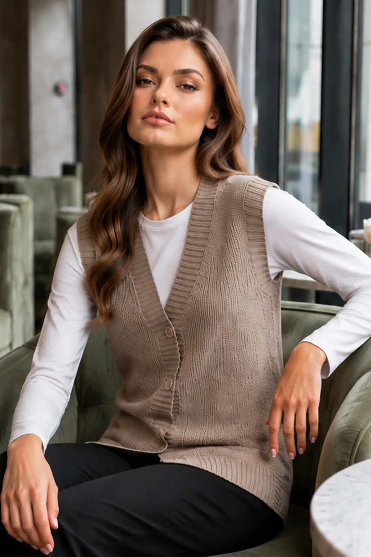 Buttoned Knit Vest N518 Mink-detail