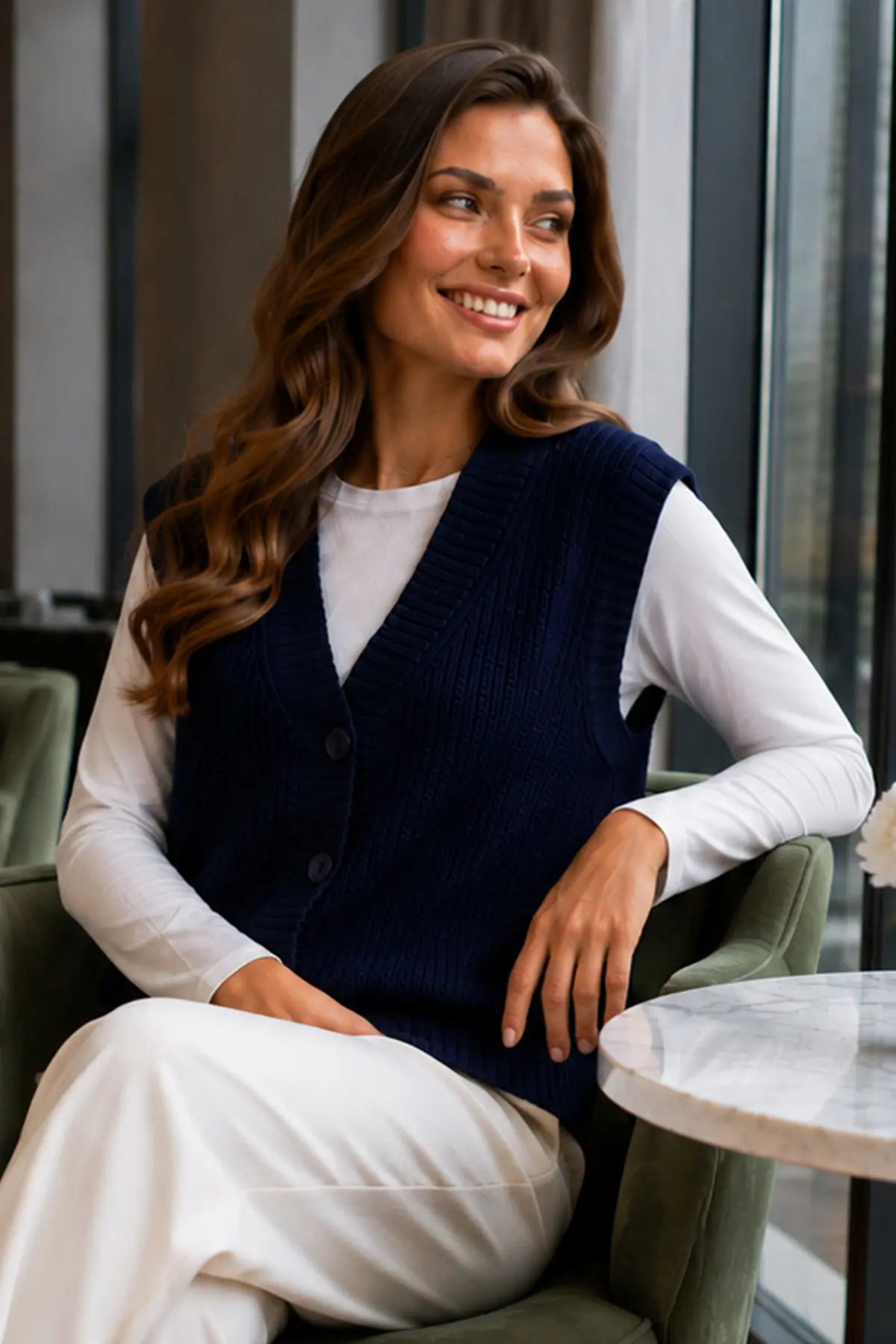 Buttoned Knit Vest N518 Navy Blue-detail