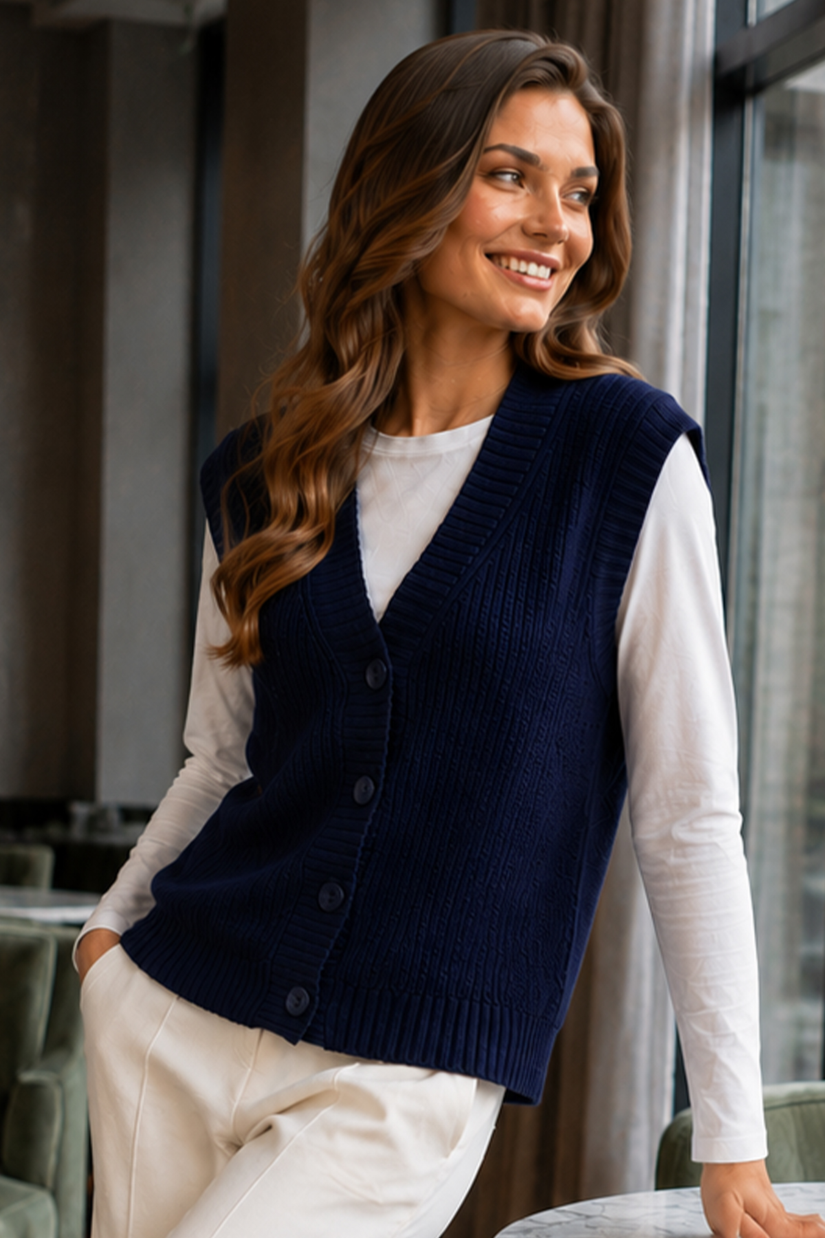 Buttoned Knit Vest N518 Navy Blue