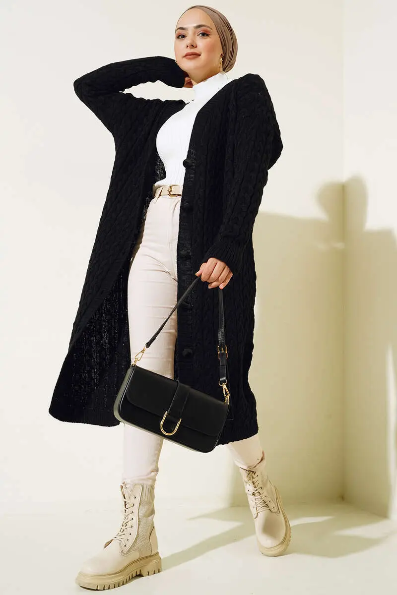 Buttoned Long Knit Cardigan-detail