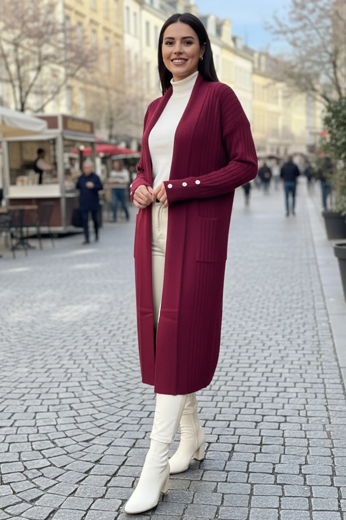 Buttoned Sleeve Ribbed Knit Cardigan-detail