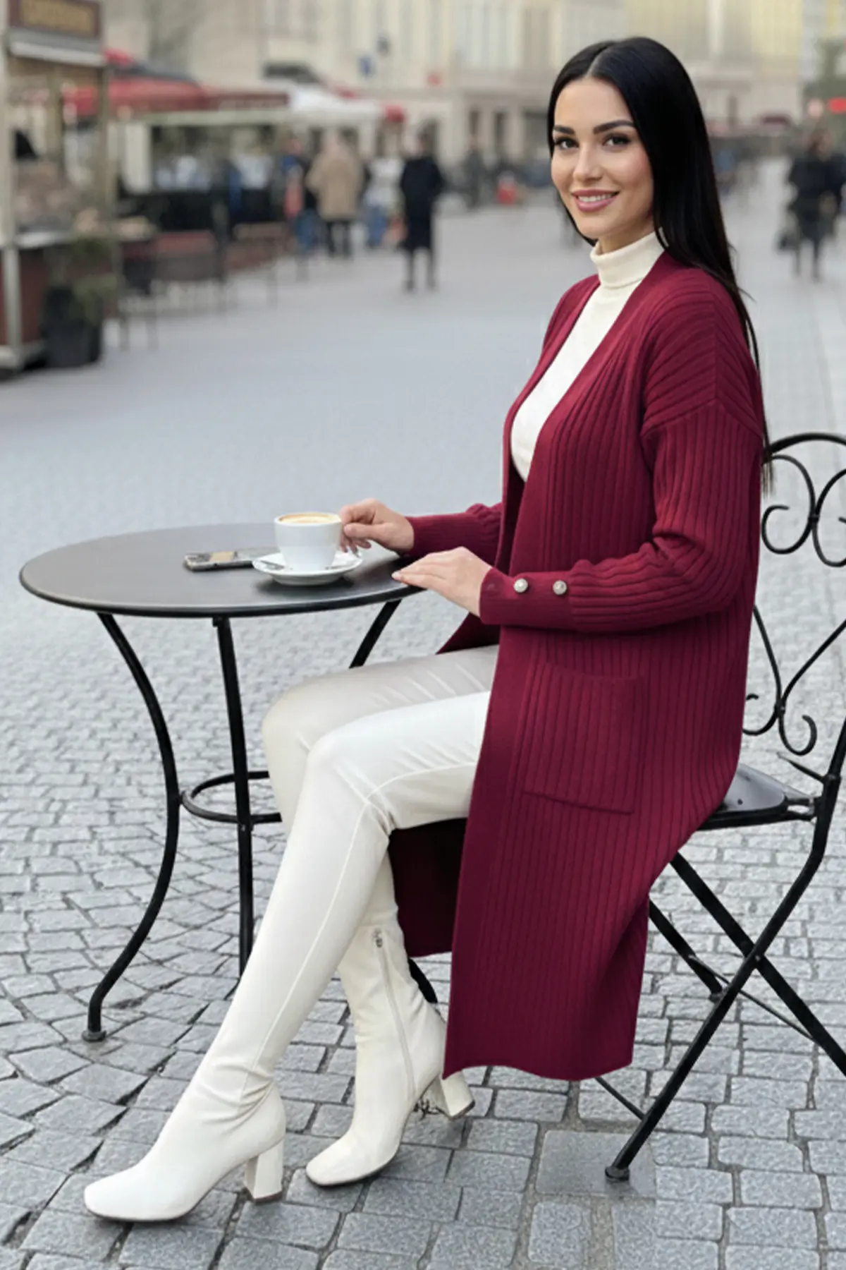 Buttoned Sleeve Ribbed Knit Cardigan-detail