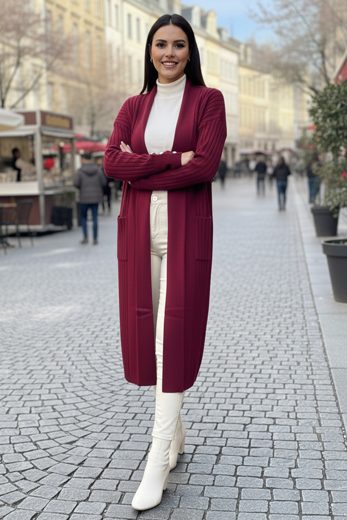 Buttoned Sleeve Ribbed Knit Cardigan