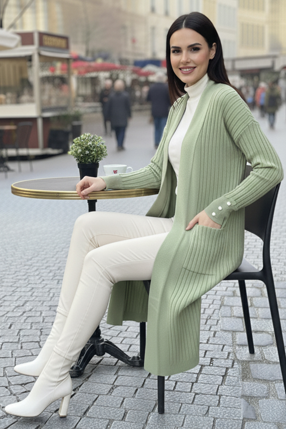 Buttoned Sleeve Ribbed Knit Cardigan