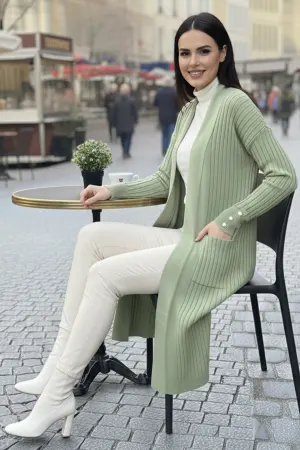 Buttoned Sleeve Ribbed Knit Cardigan