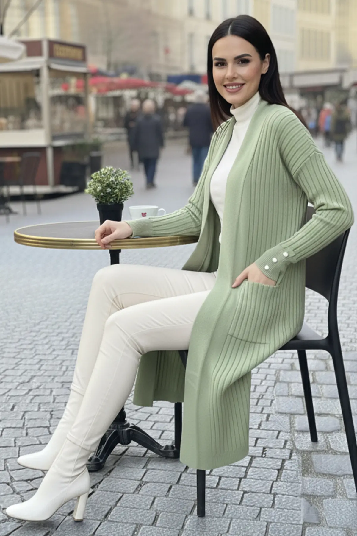 Buttoned Sleeve Ribbed Knit Cardigan