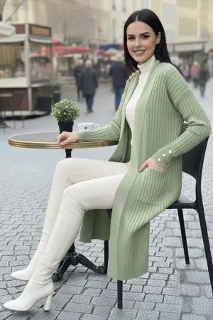 Buttoned Sleeve Ribbed Knit Cardigan