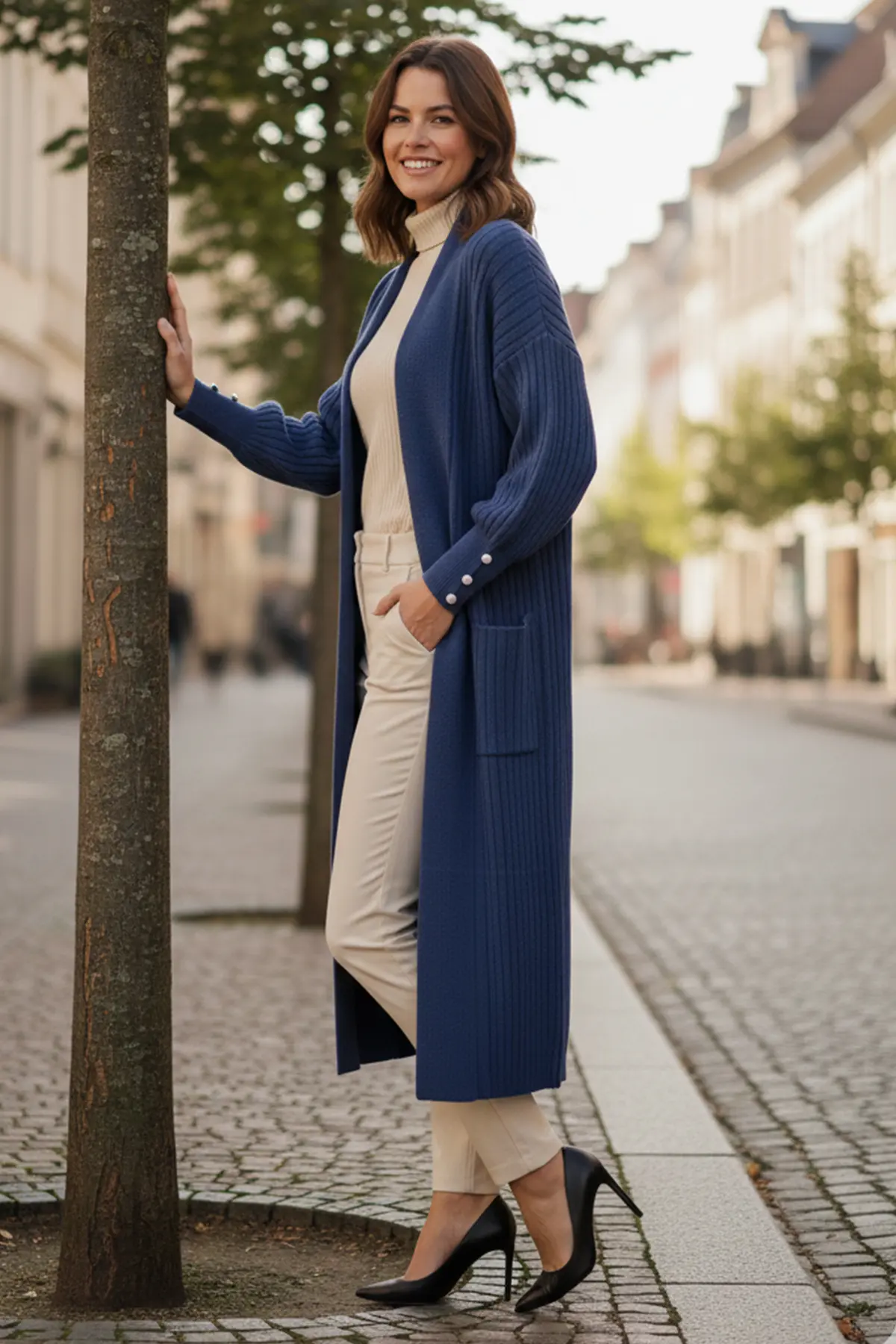 Buttoned Sleeve Ribbed Knit Cardigan