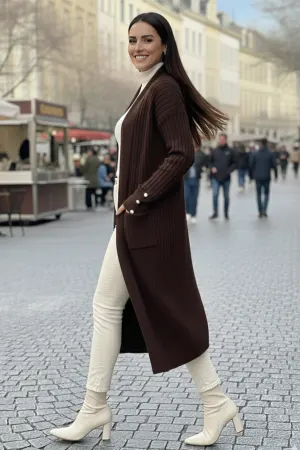 Buttoned Sleeve Ribbed Knit Cardigan