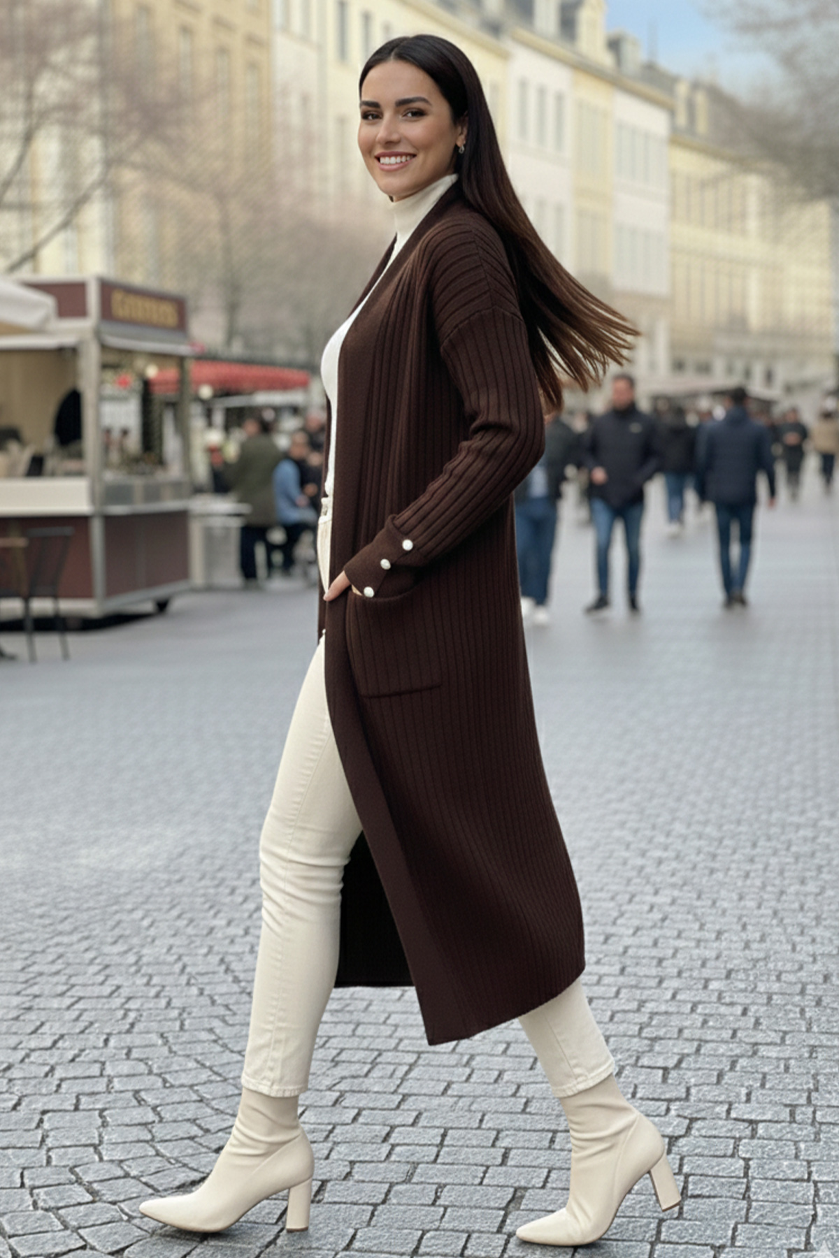 Buttoned Sleeve Ribbed Knit Cardigan