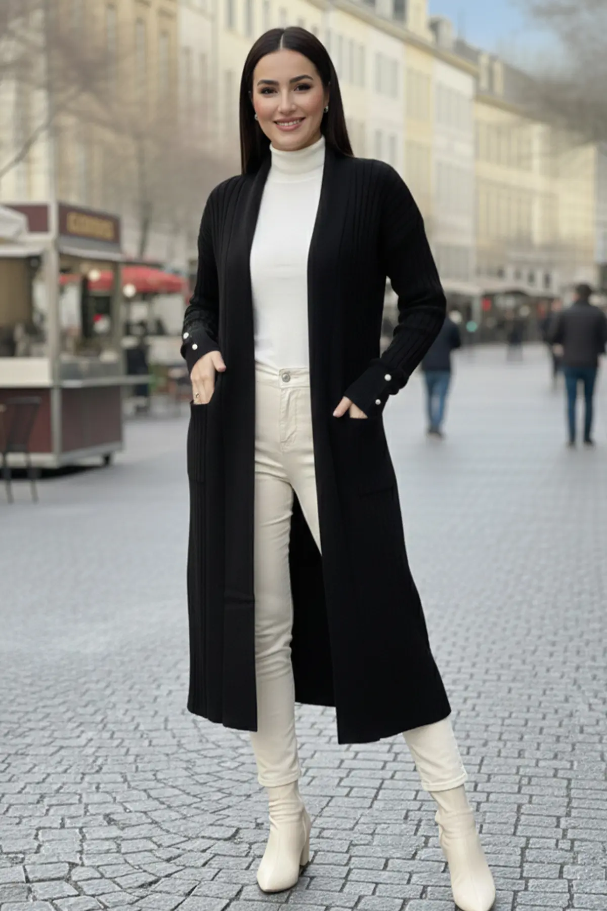 Buttoned Sleeve Ribbed Knit Cardigan-detail