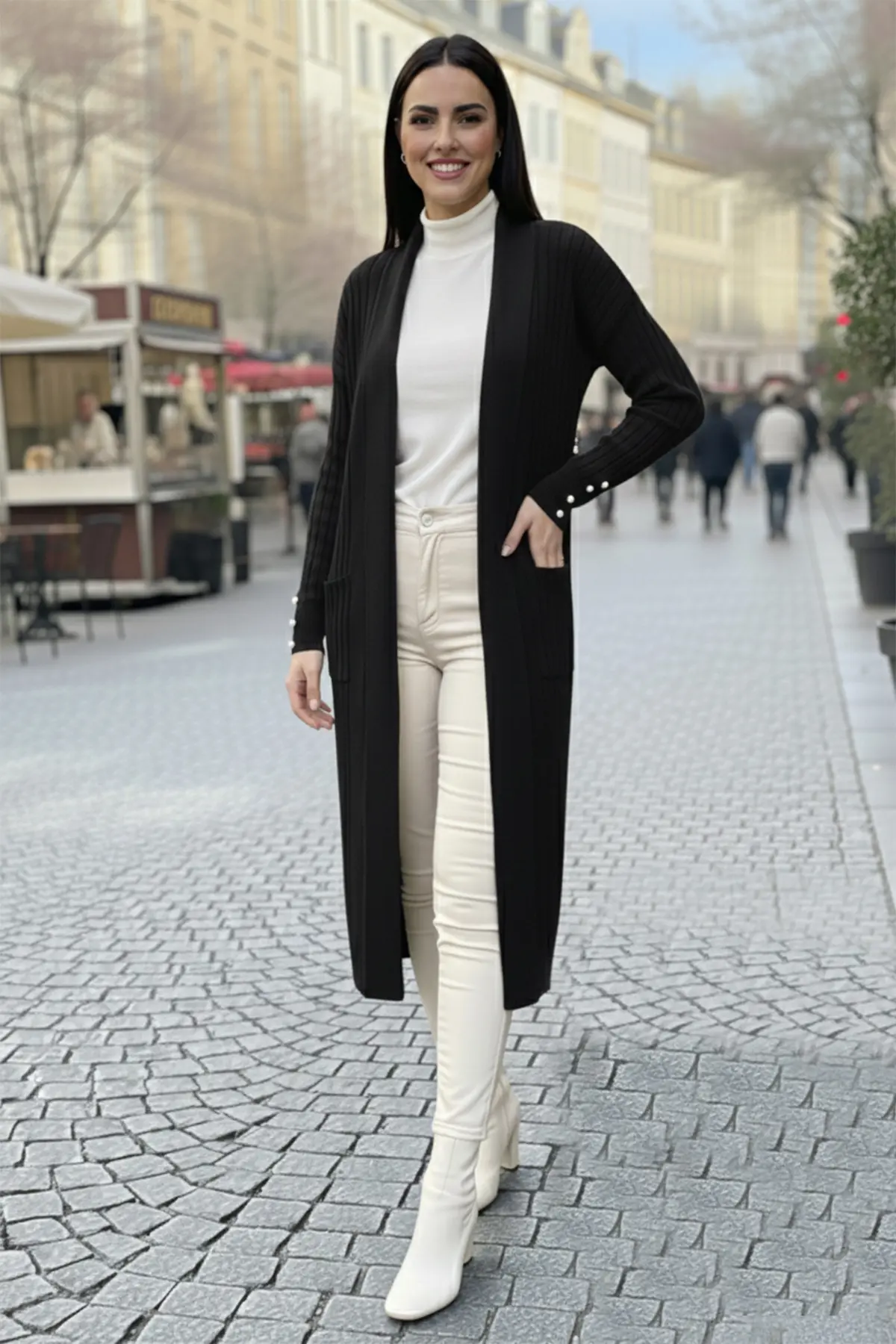 Buttoned Sleeve Ribbed Knit Cardigan-detail