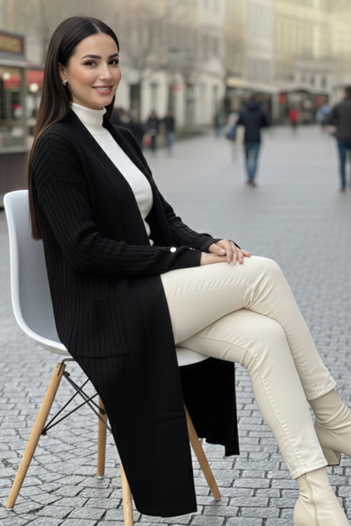 Buttoned Sleeve Ribbed Knit Cardigan