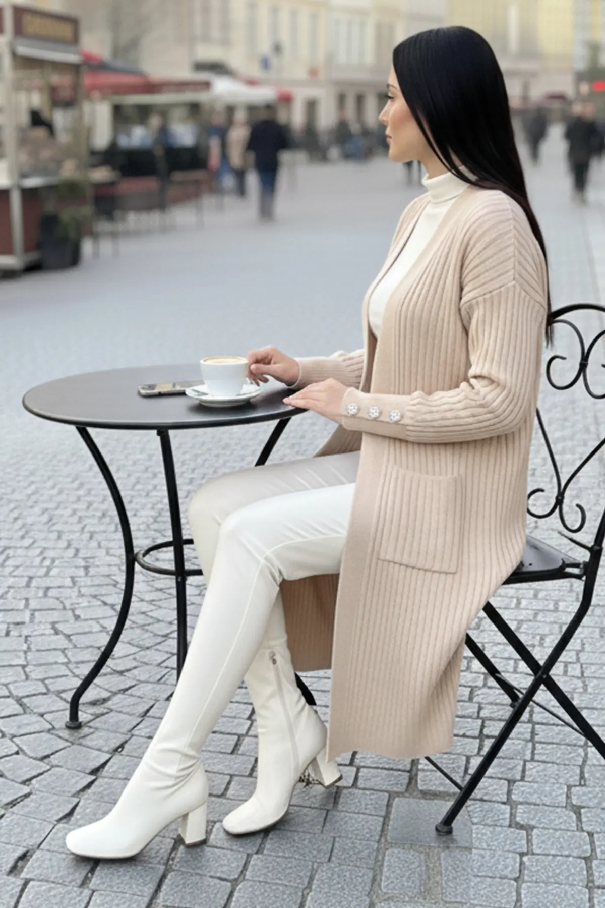 Buttoned Sleeve Ribbed Knit Cardigan-detail