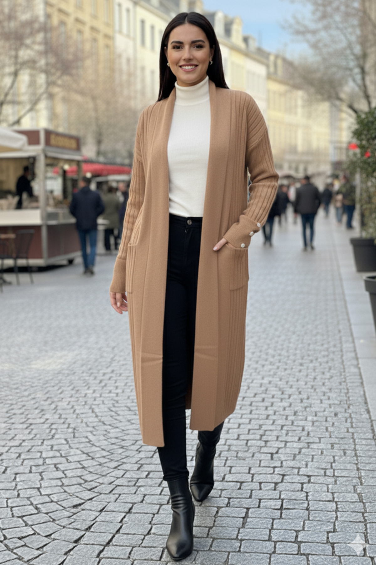 Buttoned Sleeve Ribbed Knit Cardigan