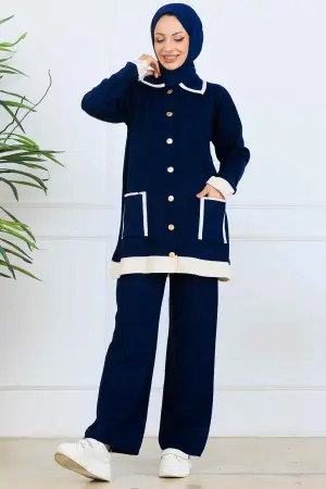 Buttoned Striped Detailed Knitwear Suit