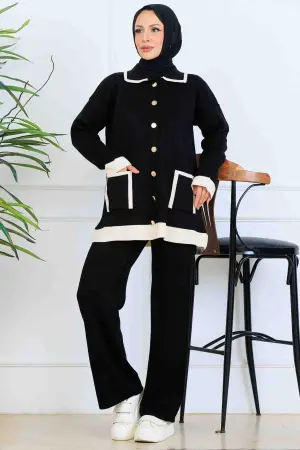 Buttoned Striped Detailed Knitwear Suit