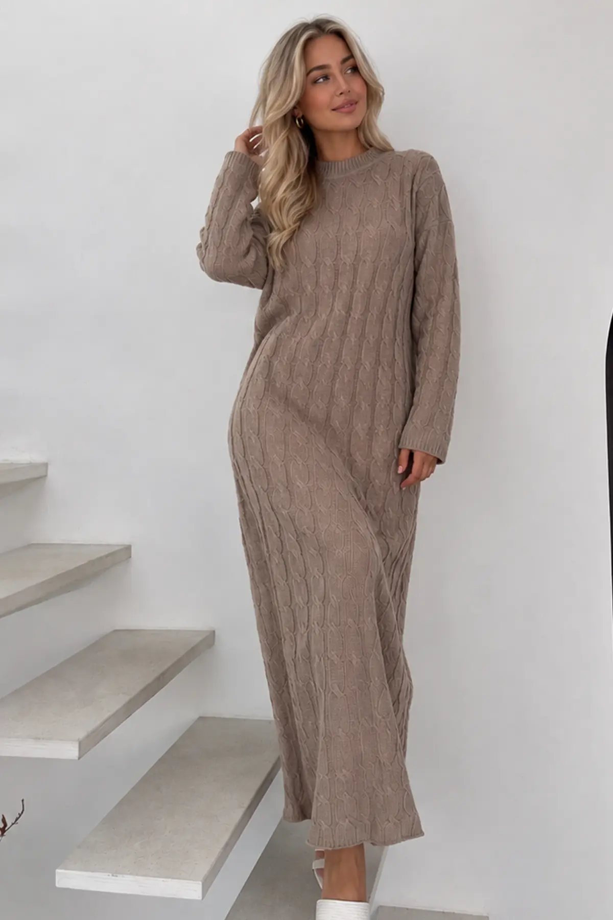 Cable-knit Patterned Dress K3024 Mink-detail