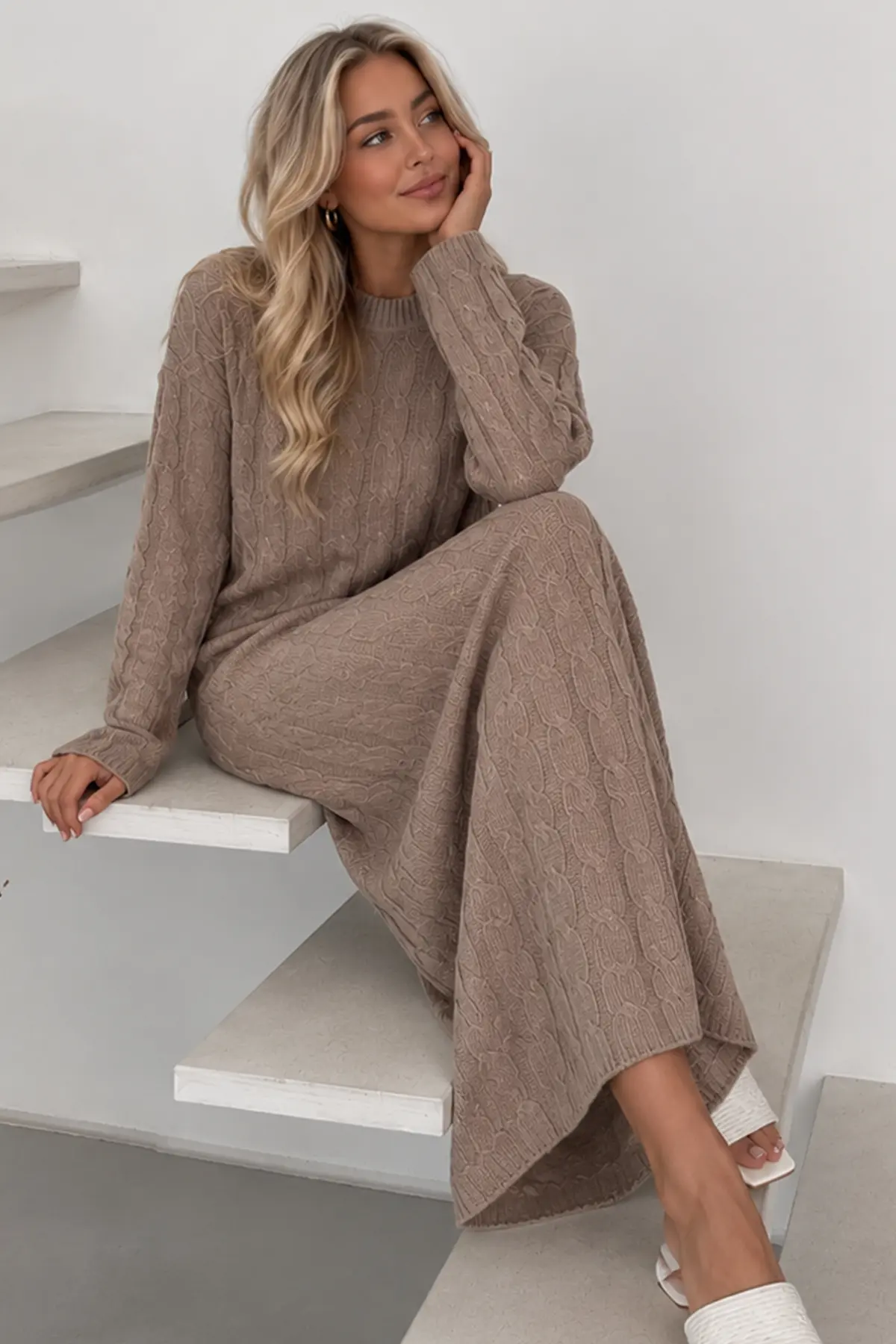 Cable-knit Patterned Dress K3024 Mink-detail