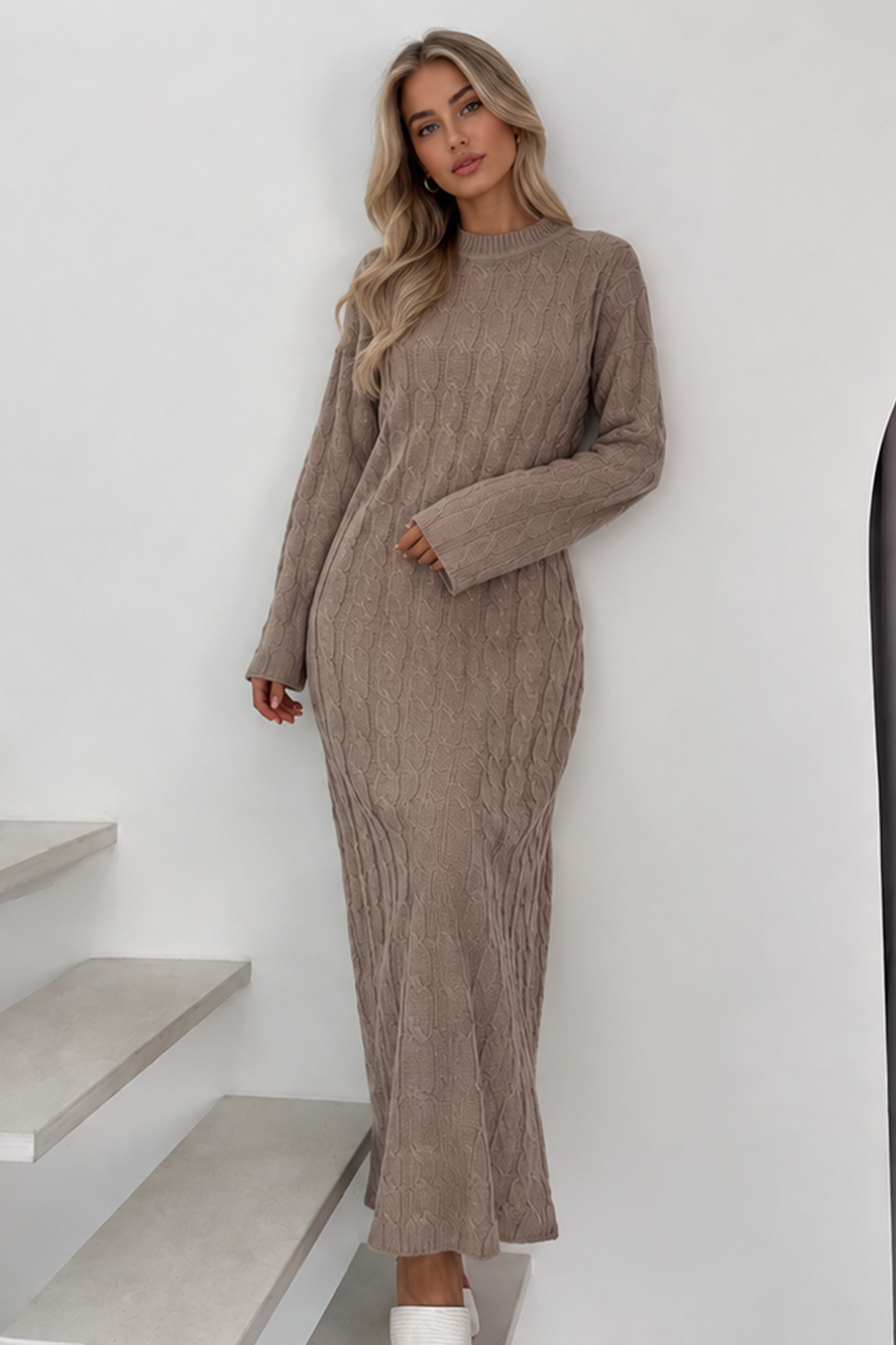 Cable-knit Patterned Dress K3024 Mink