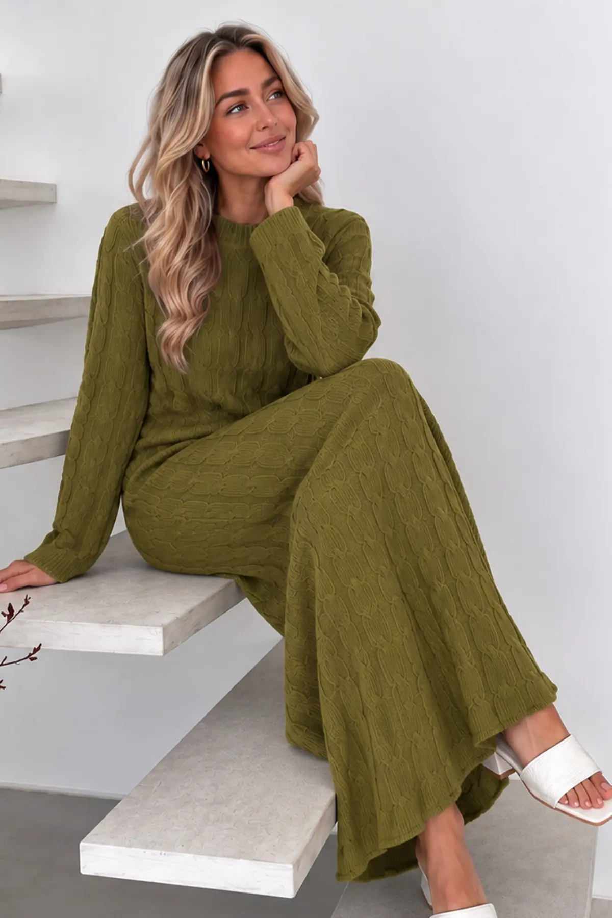 Cable-knit Patterned Dress K3024 Olive Green-detail