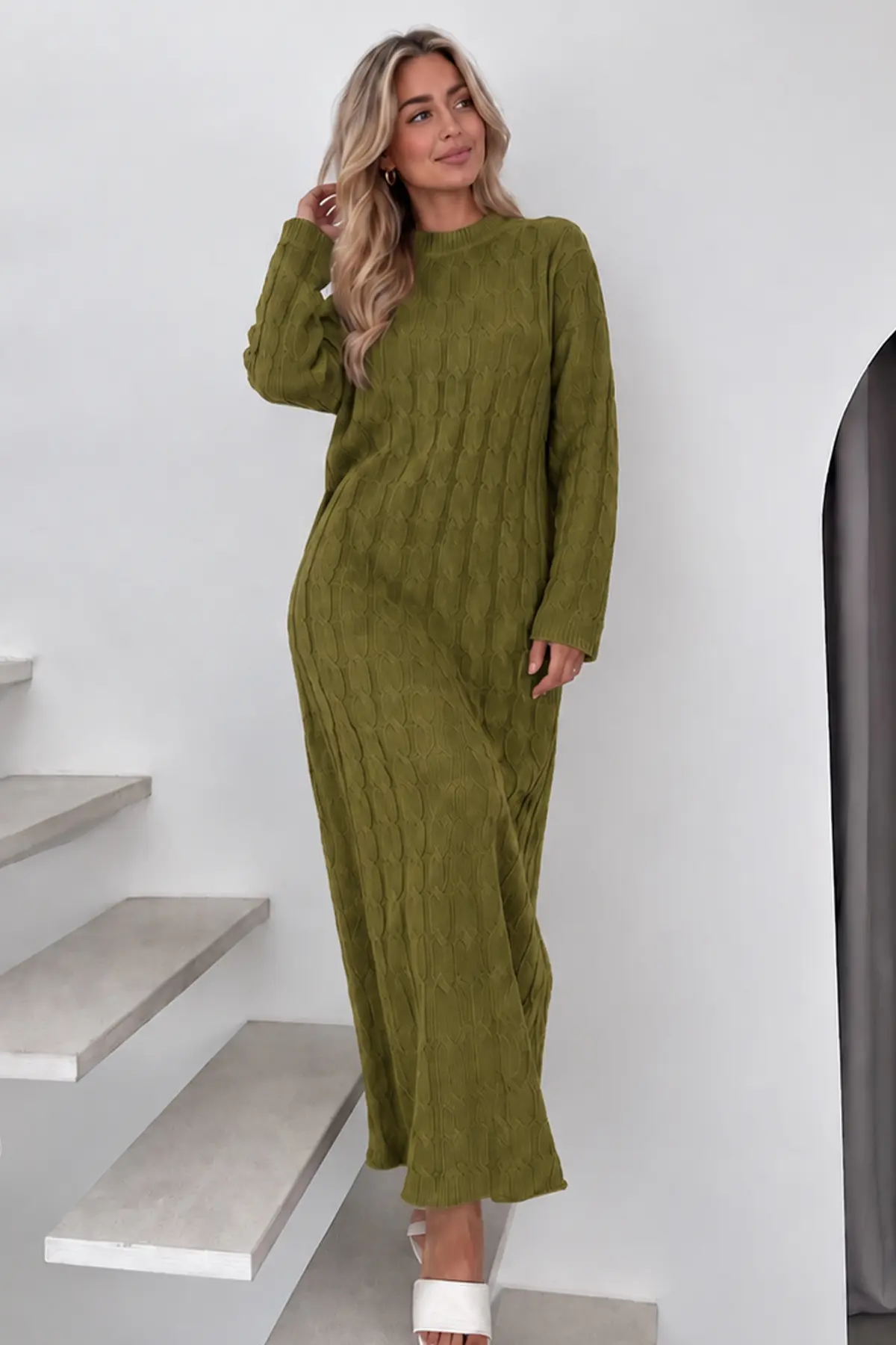 Cable-knit Patterned Dress K3024 Olive Green-detail