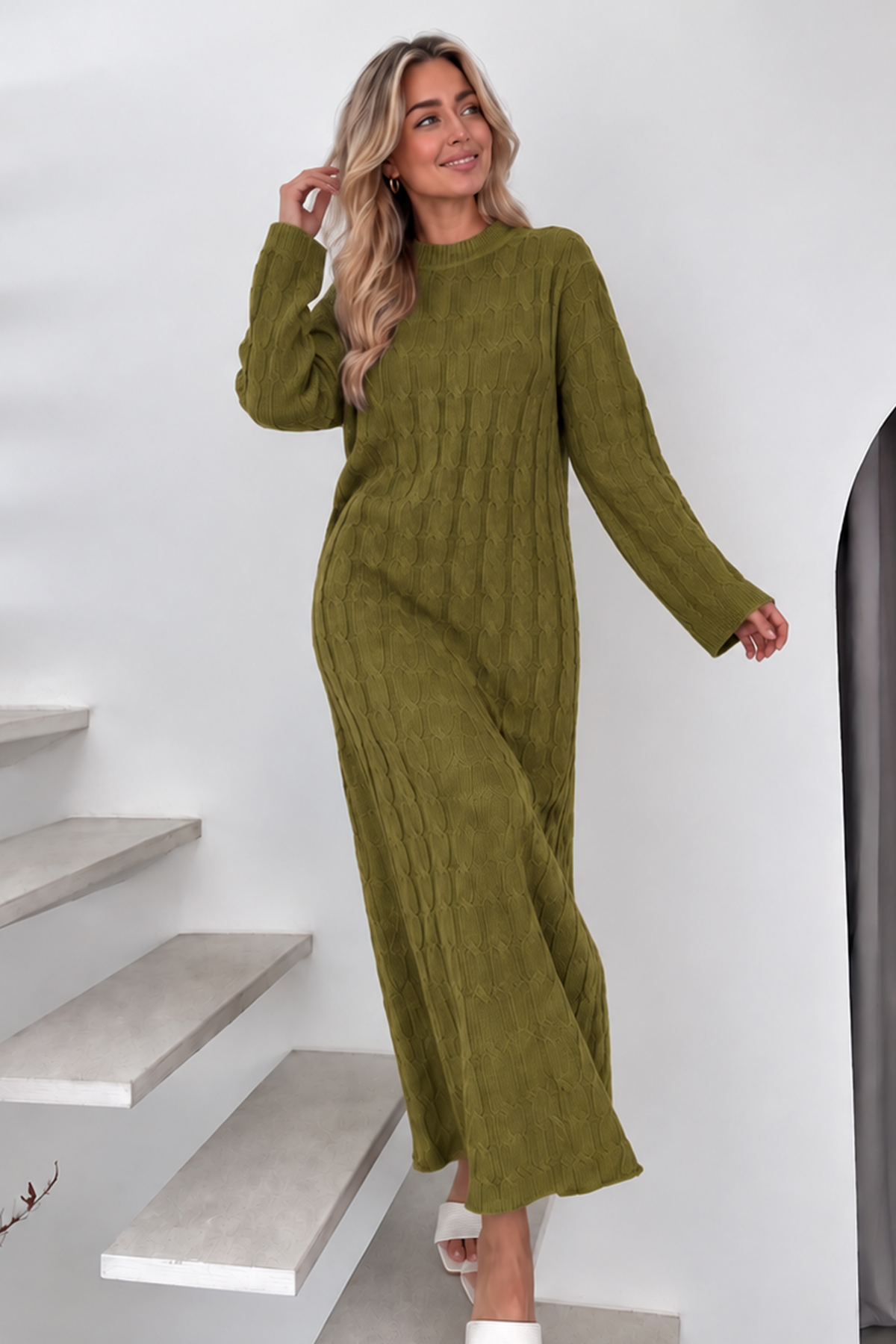 Cable-knit Patterned Dress K3024 Olive Green