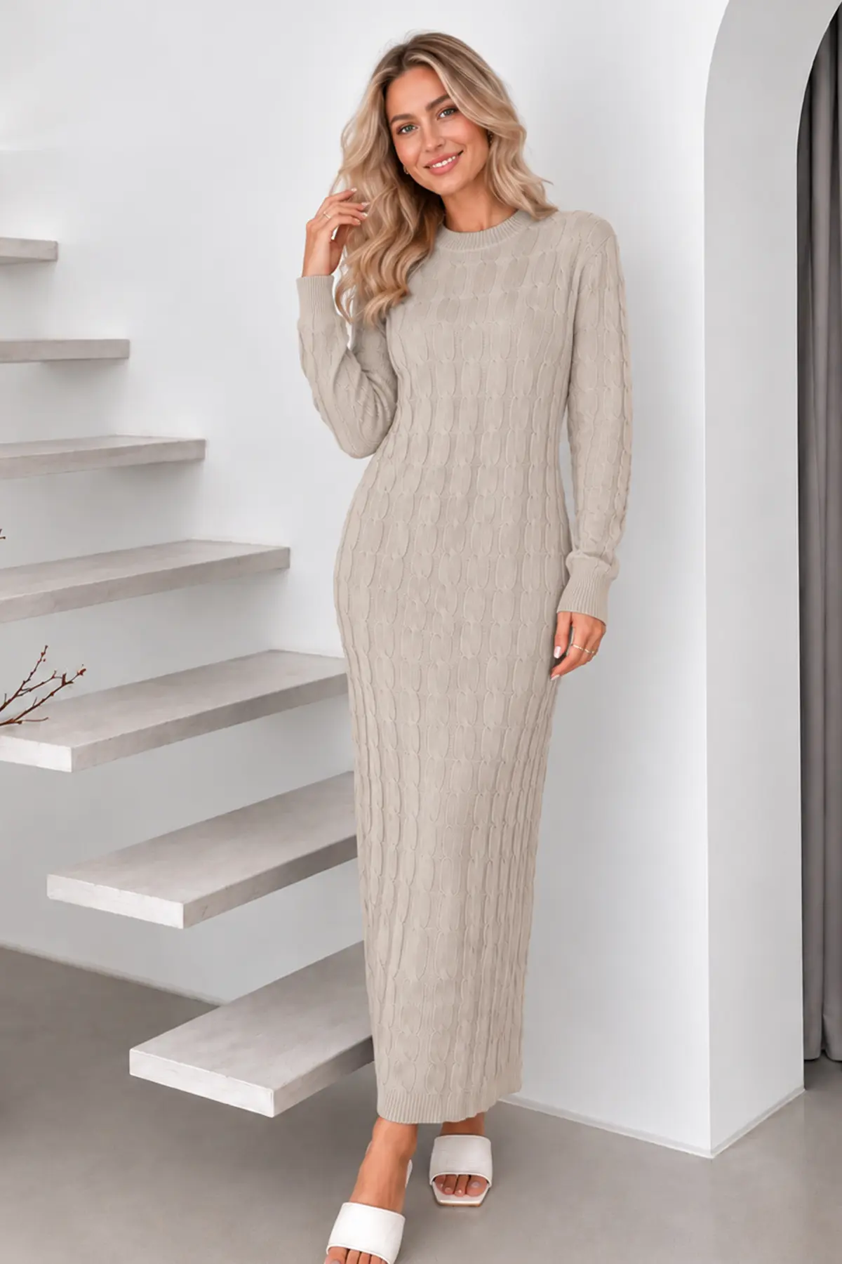Cable-knit Patterned Dress K3024 Stone-detail