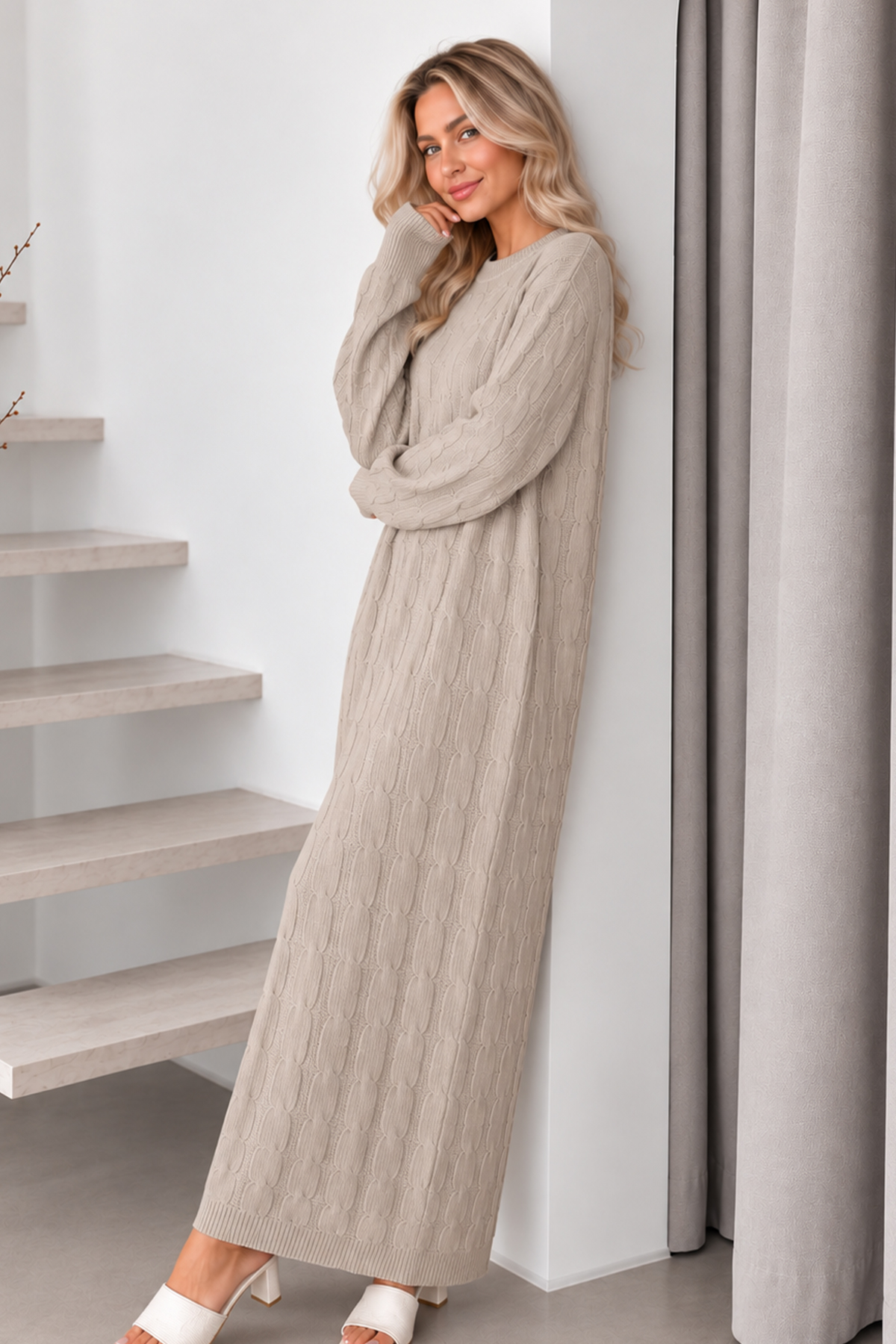 Cable-knit Patterned Dress K3024 Stone