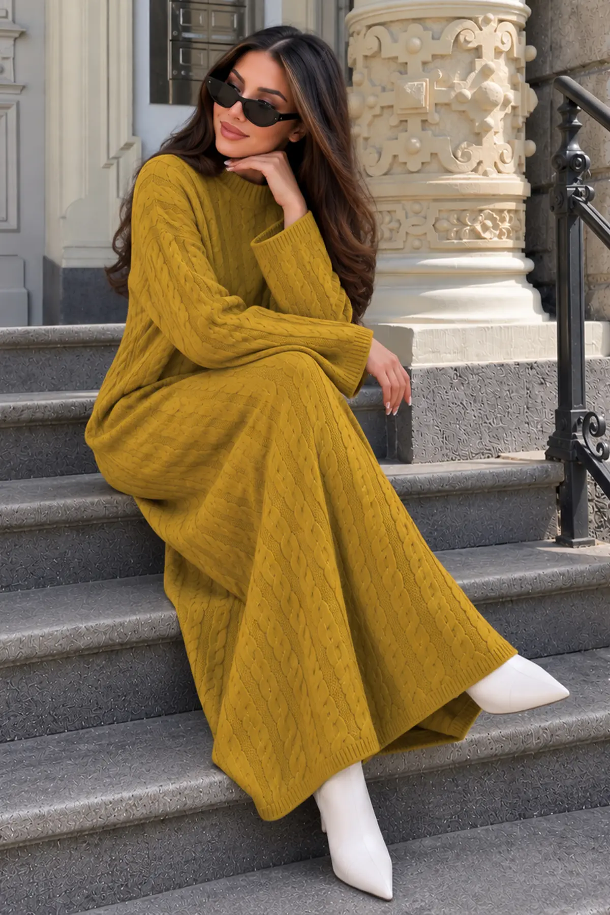 Cable-knit Patterned Dress K3031 Olive Green-detail
